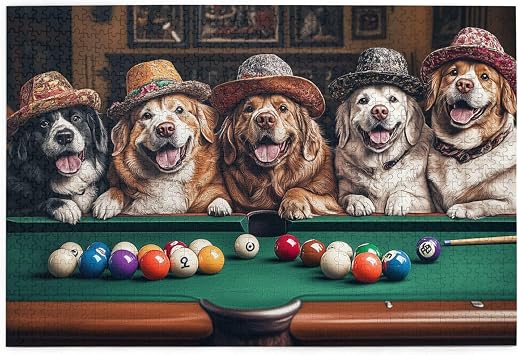 Dog by The Pool Table, Puzzles for Adults 1000 Pieces, Adult Wooden Jigsaw Puzzle, Vintage Billiards Themed Puzzle Artwork, Creative Play & Holiday Party Gifts Artwork Wall Home Decor