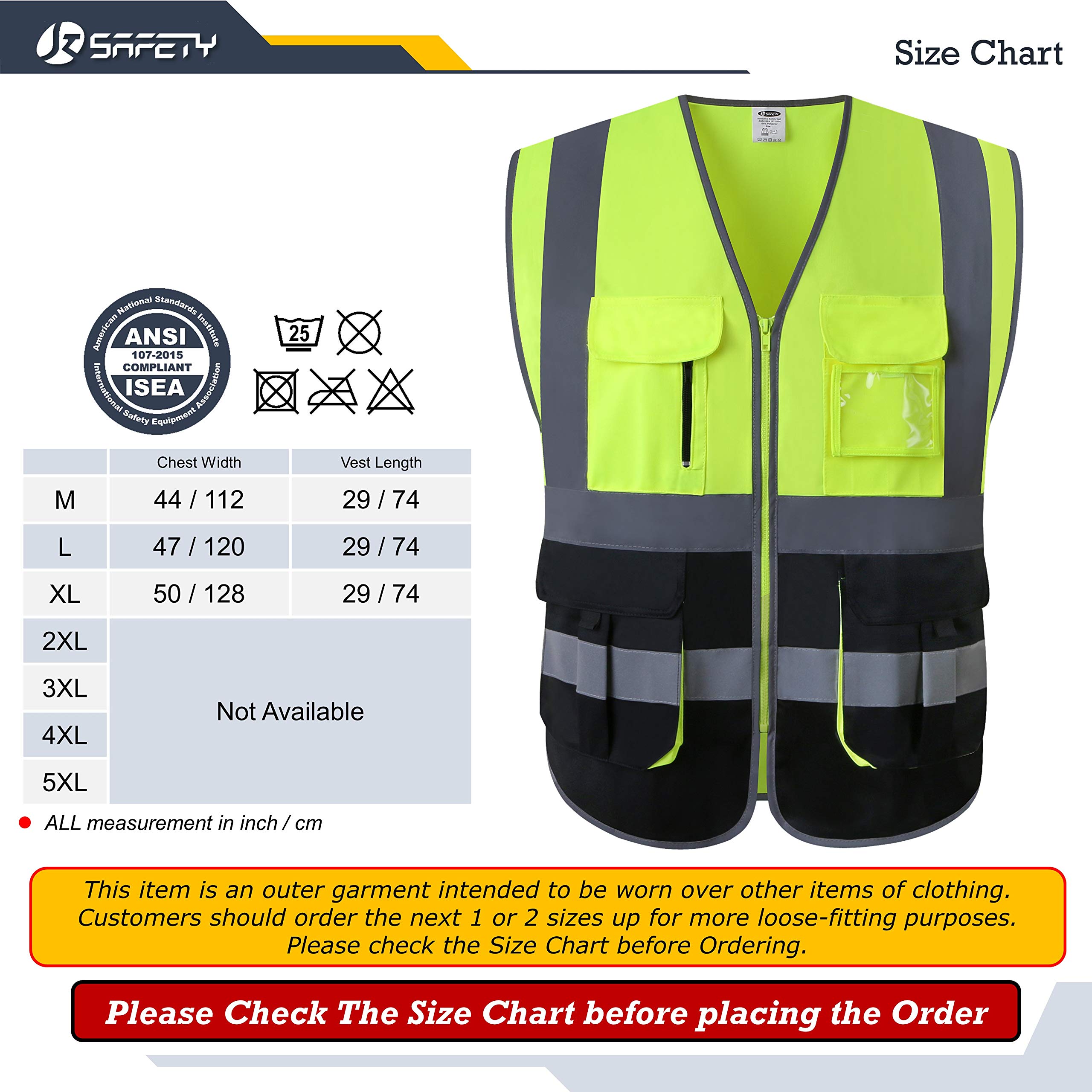JKSafety 7 Pockets High Visibility Zipper Front Safety Vest With