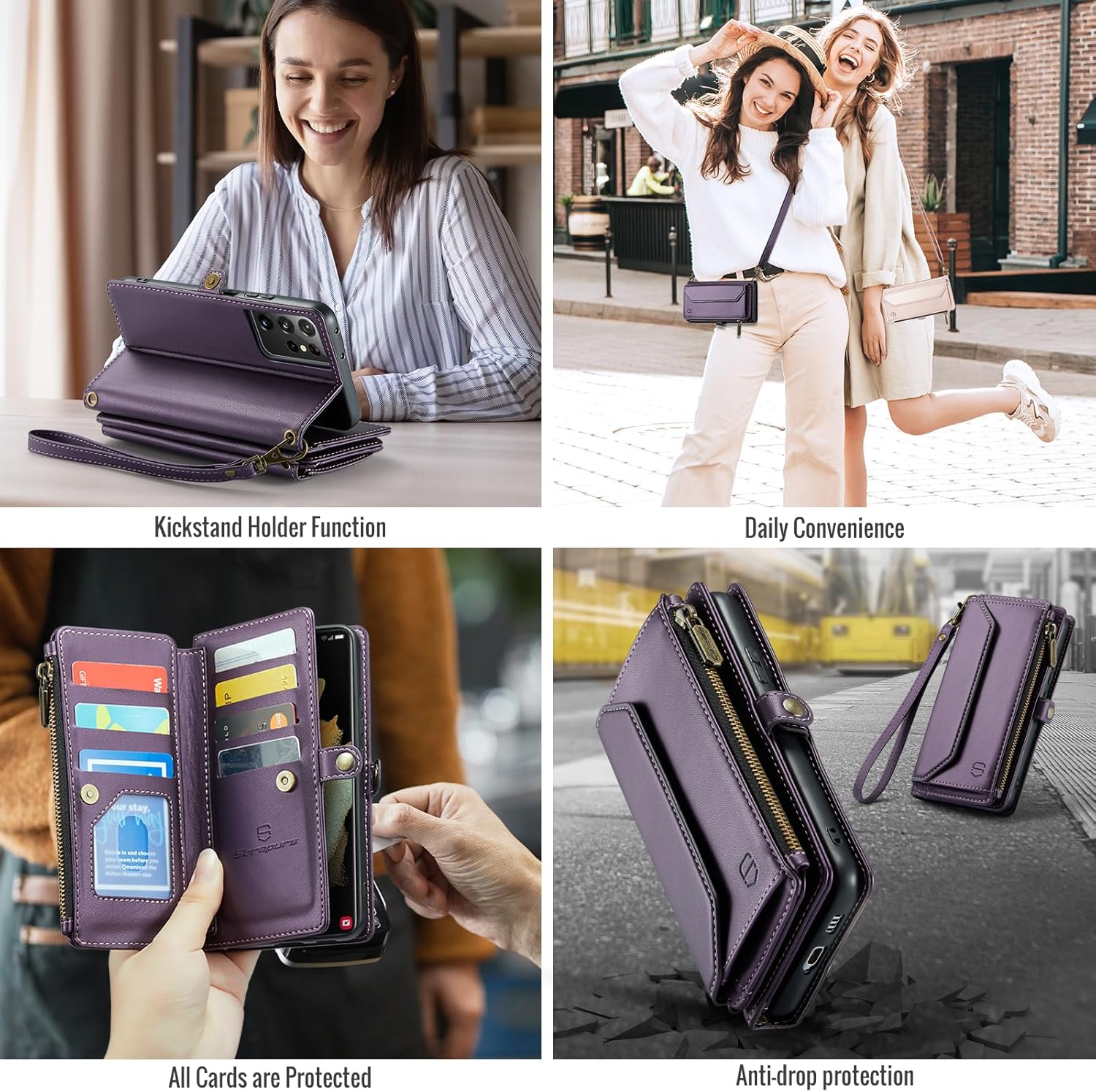 Strapurs Crossbody Wallet Case Compatible with Samsung Galaxy S21 Ultra 5G RFID Blocking 10-Card Holder Soft PU Leather Magnetic Snap Strap Zipper Pocket Phone Case Fit for Galaxy S21 Ultra - Purple