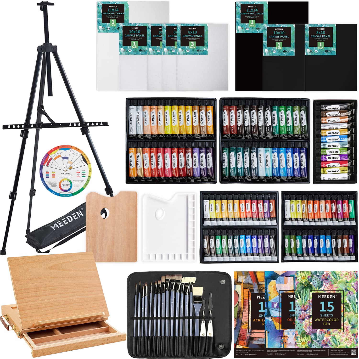 MEEDEN 142-piece Deluxe Artist Painting Set with Aluminum and Solid Beech  Wood Easel, 108 Paints, Black&White Canvases, Paintbrushes, Palettes, ...