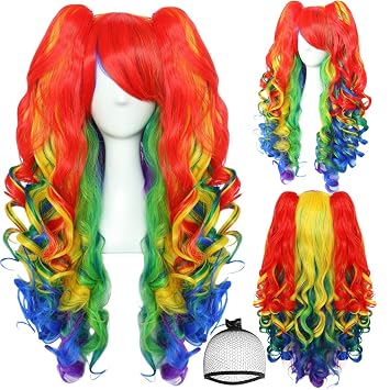 Long Curly Rainbow Wig LGBT Long Curly Wigs Colorful Wigs | 24inch/61cm Multicolor Wig with 2 Ponytails for Women Cosplay Halloween Anime Costume Christmas Party Themed Night + Hairnet