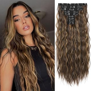 REECHO 9PCS 24" Clip-In Hair Extensions Thick Long Mermaid Waves Dark Brown Highlights Lightweight Lace Weft HE009
