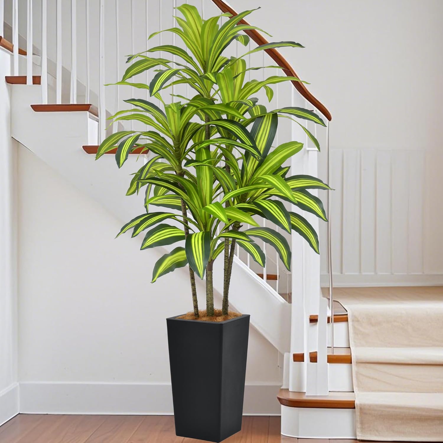 Artificial Dracaena Tree 5FT(60in) Tall Fake Silk Yucca Tree with Black Planter, Faux Floor Potted Artificial Plants for Home Office Living Room Indoor Decor (5feet,Tall Pot)