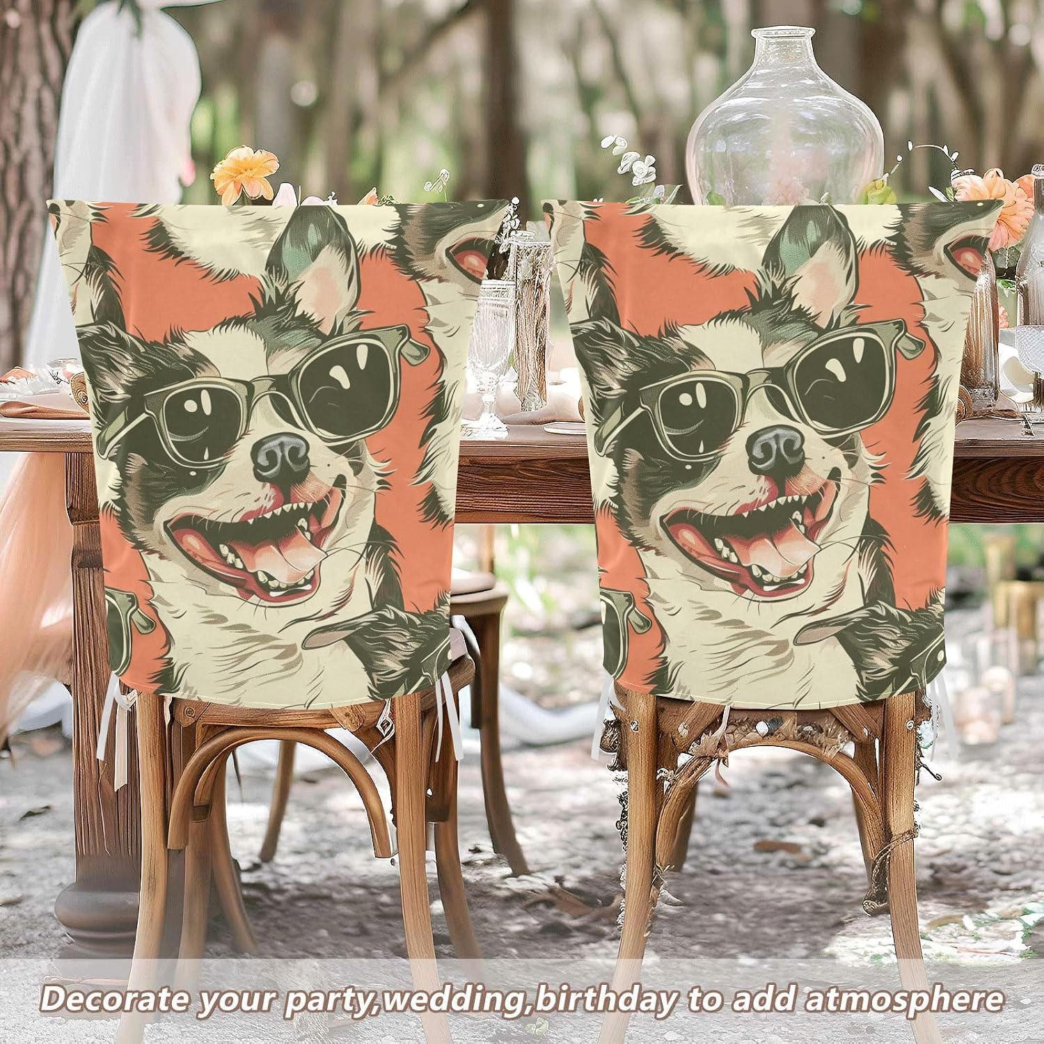 ALAZA Cool Dog Wear Sunglasses Chair Back Cover Set of 6, Washable Reusable Removable Chair Slipcovers Decorative Chair Cover for Home Kitchen Wedding Party