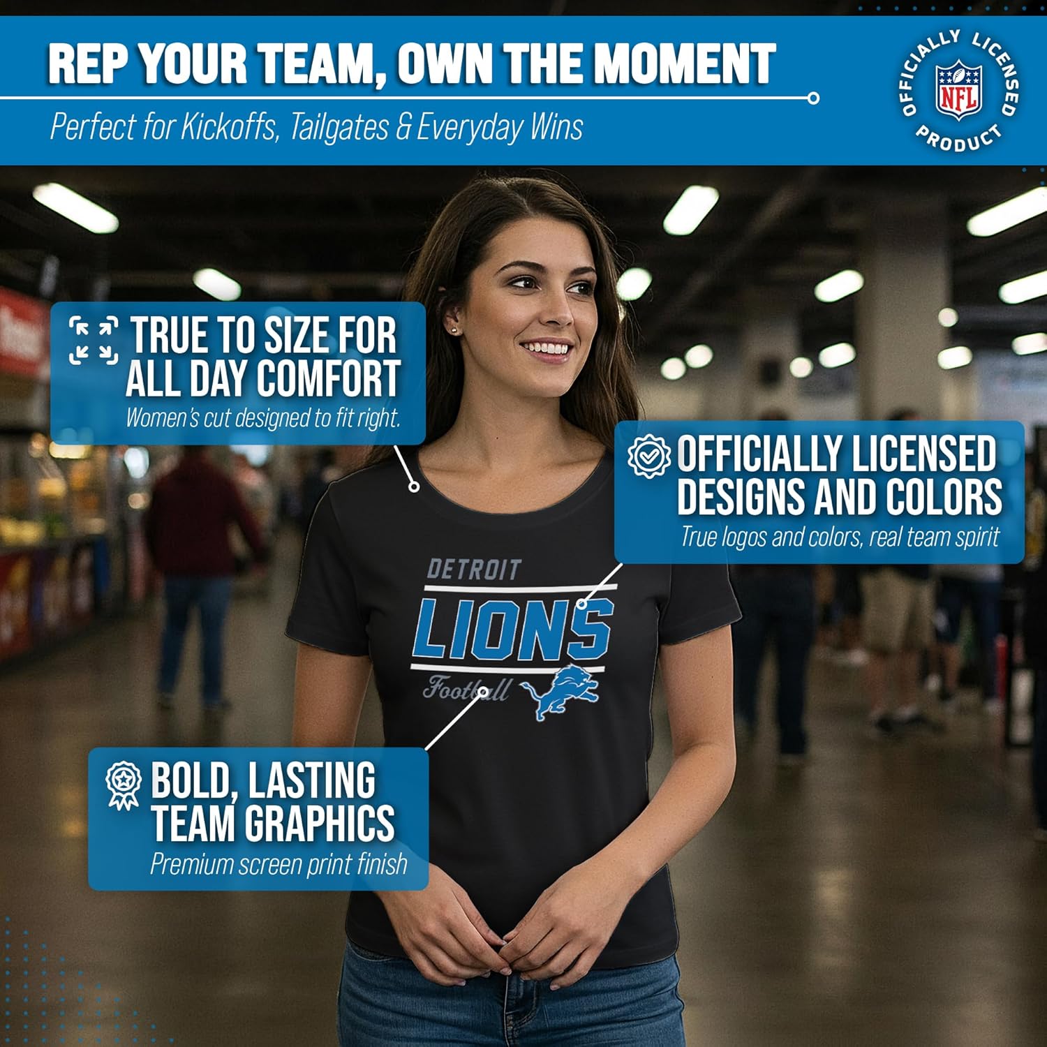Team Fan Apparel NFL Gameday Women's Relaxed Fit T-Shirt - Rib Neck Contour - Tagless Short Sleeve Tee - Stay Cool & Stylish (Detroit Lions - Black, X-Large) - Image 5