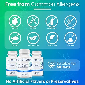 L Methylfolate 7.5mg with Active Vitamin B Complex 60 Capsules High Potency 5-MTHF with B6 Blend and Methyl B12 Supplement 3-in-1, Non-GMO, Gluten Free (2-Month Supply)