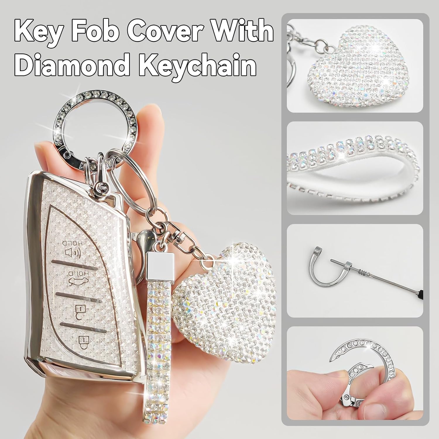 Key Fob Cover with Diamond, Compatible with Lexus ES LS LC RX NX LX TX GX Series 2018-2025 etc, Sparkling TPU Key Case and Bling Heart Decoration for Women (Silver)