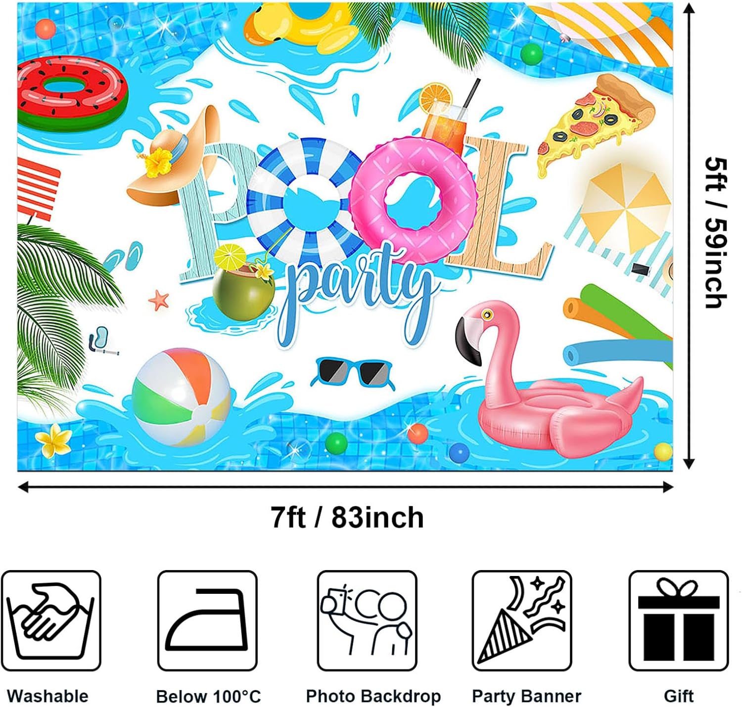Avezano Pool Party Backdrop Pool Party Decorations Summer Beach Flamingo Banner for Birthday Baby Shower Swimming Party Decoration Background Props, 7x5ft