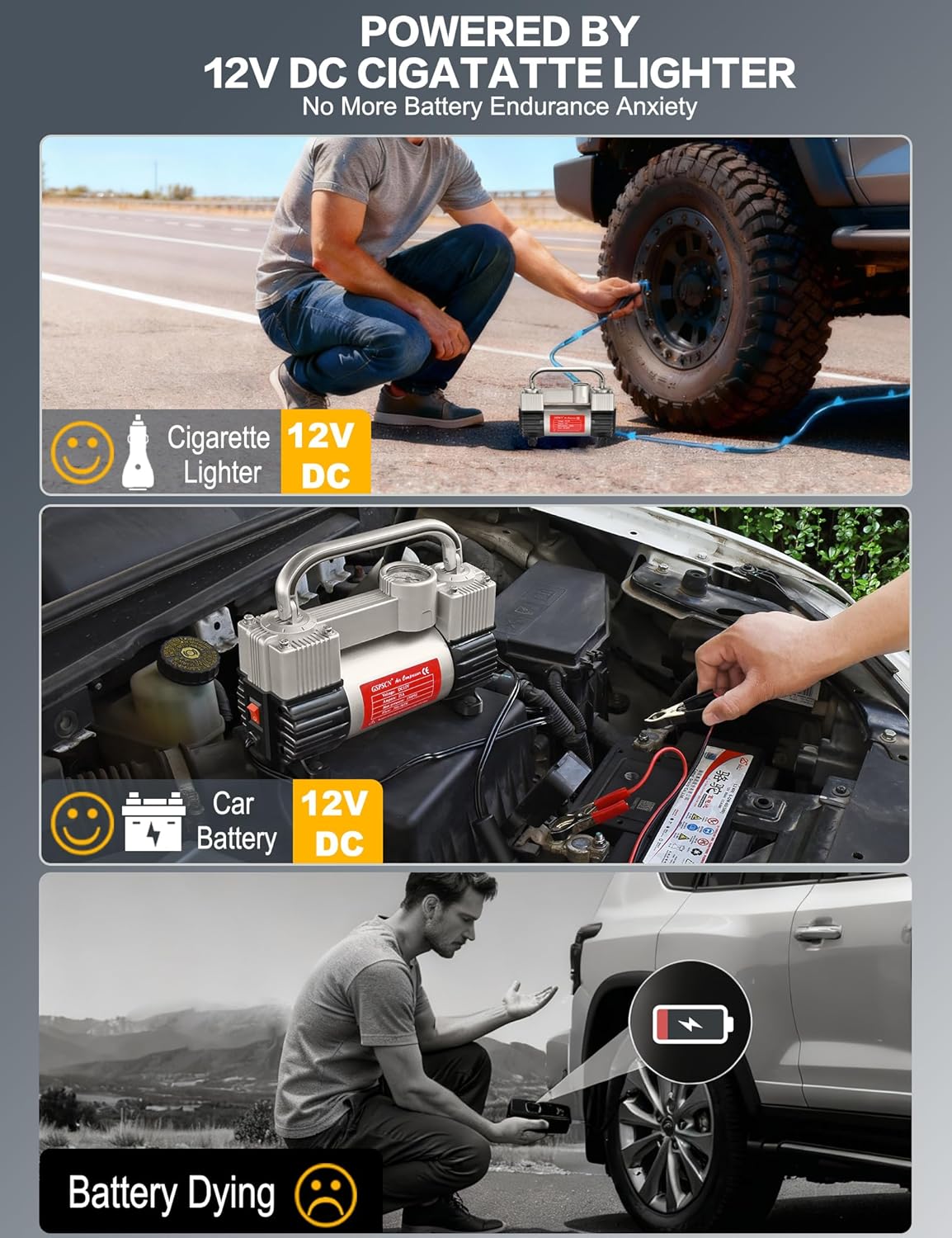 GSPSCN 6X Faster Inflation Tire Inflator Heavy Duty Double Cylinders with Portable Bag- Car Accessories，Metal 12V Air Compressor Pump 150PSI with Adapter for Car, Truck, SUV Tires, Dinghy, Air Bed - Image 7