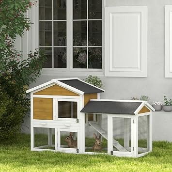 PawHut 58 Rabbit Hutch, Wooden Bunny Hutch, Guinea Pig Cage, Small Animal Enclosure with Run Area, Removable Tray, Asphalt Roof, Lockable Doors and Ramp, Nature Wood | Wooden Bunny Hutch, Guinea Pig Cage, Removable Tray, Asphalt Roof, Lockable Doors, for 1-2 Small Rabbits, Chickens, Ducks