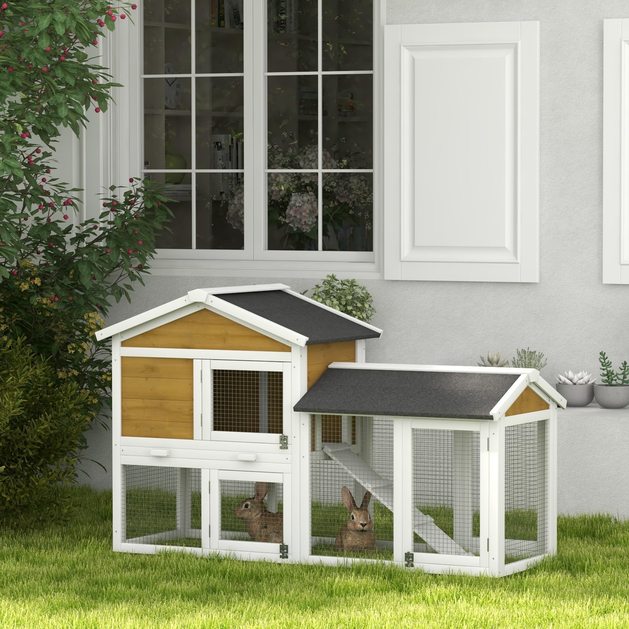 PawHut Conejera de 2 pisos, resistente al invierno, de madera, 147 x 54 x 84 cm, jaula para conejos con techo de betún impermeable, rampa para 2 conejos enanos, para exteriores, color amarillo
