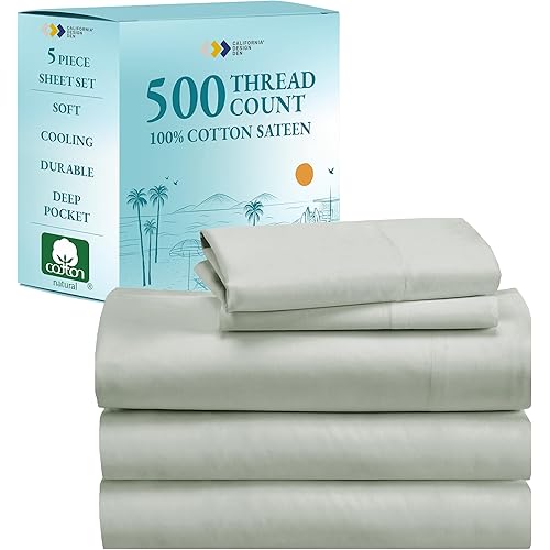Luxury Split King Bedsheets For Adjustable Bed, 100% Cotton Set, 500 Thread Count, Snug Fit, Includes Twin-XL Fitted Sheets, Hotel Quality Bedding & Pillowcases (Split King, Silver Sage)