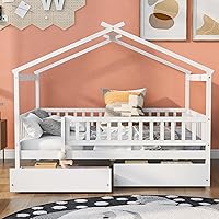 Vista 23 de Harper & Bright Designs Cama Casa Individual con Cama Nido, Marco de Plataforma Individual para Niños con Rieles y Techo, Cama Tienda, Casa