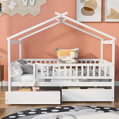 Miniatura 3 de Bellemave Cama de plataforma Montessori Full House para niños con 2 cajones de almacenamiento, barandillas y techo, madera maciza tamaño matrimonial