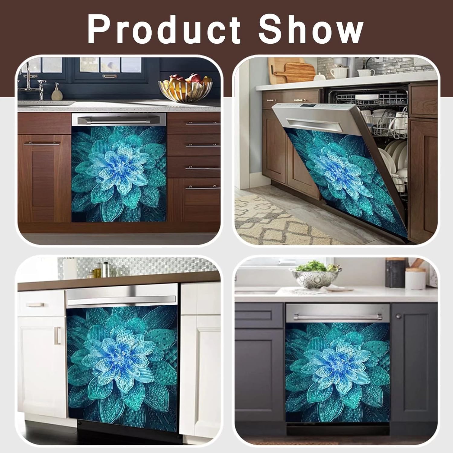Blue Flower Magnetic Dishwasher Cover Kitchen Decorative,Blooming Floral Dishwasher Magnet Covers for the Front Refrigerator Door Panel Decal Fridge Home Appliance Sticker Decor 23"x26"
