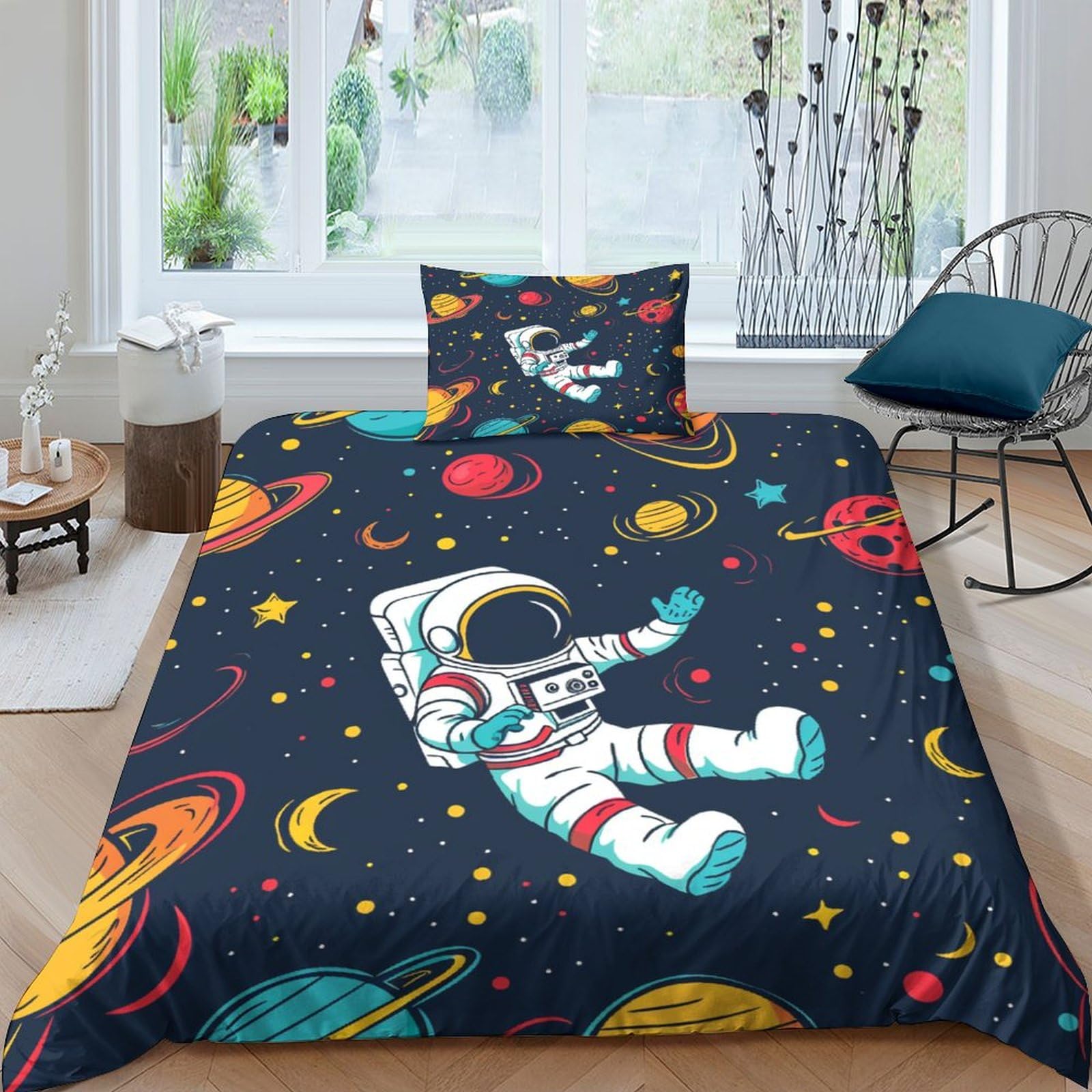 Ensemble housse de couette 3D motif astronaute en microfibre thermorégulatrice