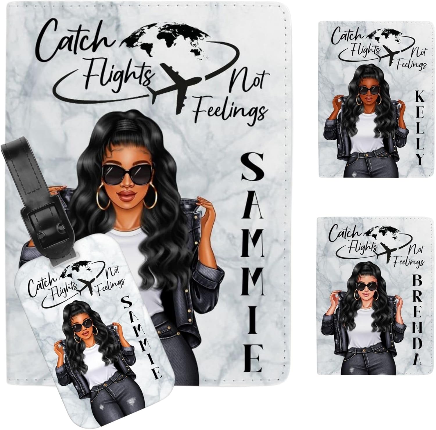 Personalized Girl Long Hair Passport Holder and Luggage Tag, Travel Accessories, Travel Gift Set Custom Passport and Tags (Set (Passport holder and double sided tag))