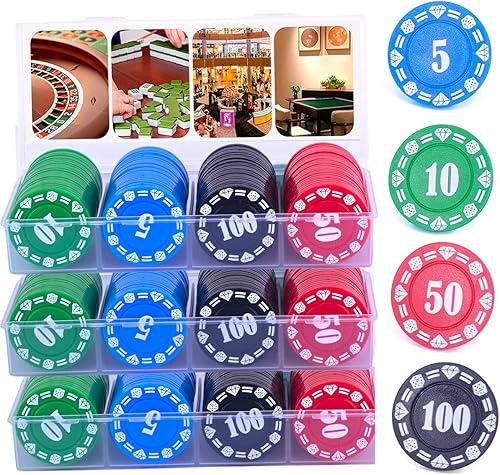 Miniatura 3 de Wrzbest Juego de fichas de póquer de plástico de 300 fichas de póquer con caja de almacenamiento fichas de estilo casino impresas de denominación