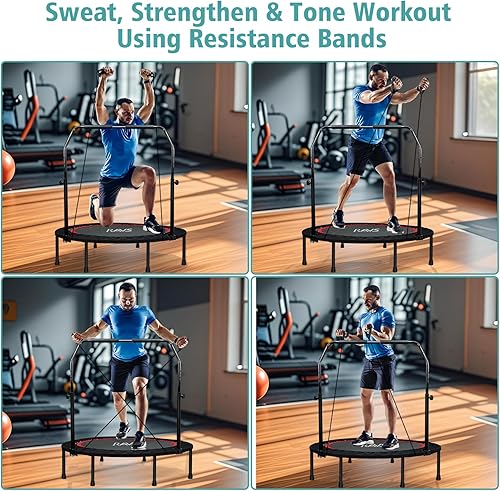 Miniatura 3 de RAVS Mini Trampolín para Niños y Adultos de 40"/48" Plegable de Fitness Reboteador Trampolín para Niños con Manija Ajustable en Altura de 5 Niveles