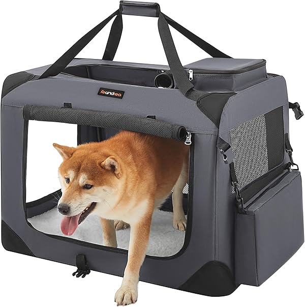 Feandrea Hundebox faltbar, Transportbox Hund, L, Hundetasche, Oxford-Gewebe, Netzstoff, atmungsaktiv tragbar transportabel, Metallrahmen, mit Griffen, Taschen, 70 x 52 x 52 cm, grau PDC70GY