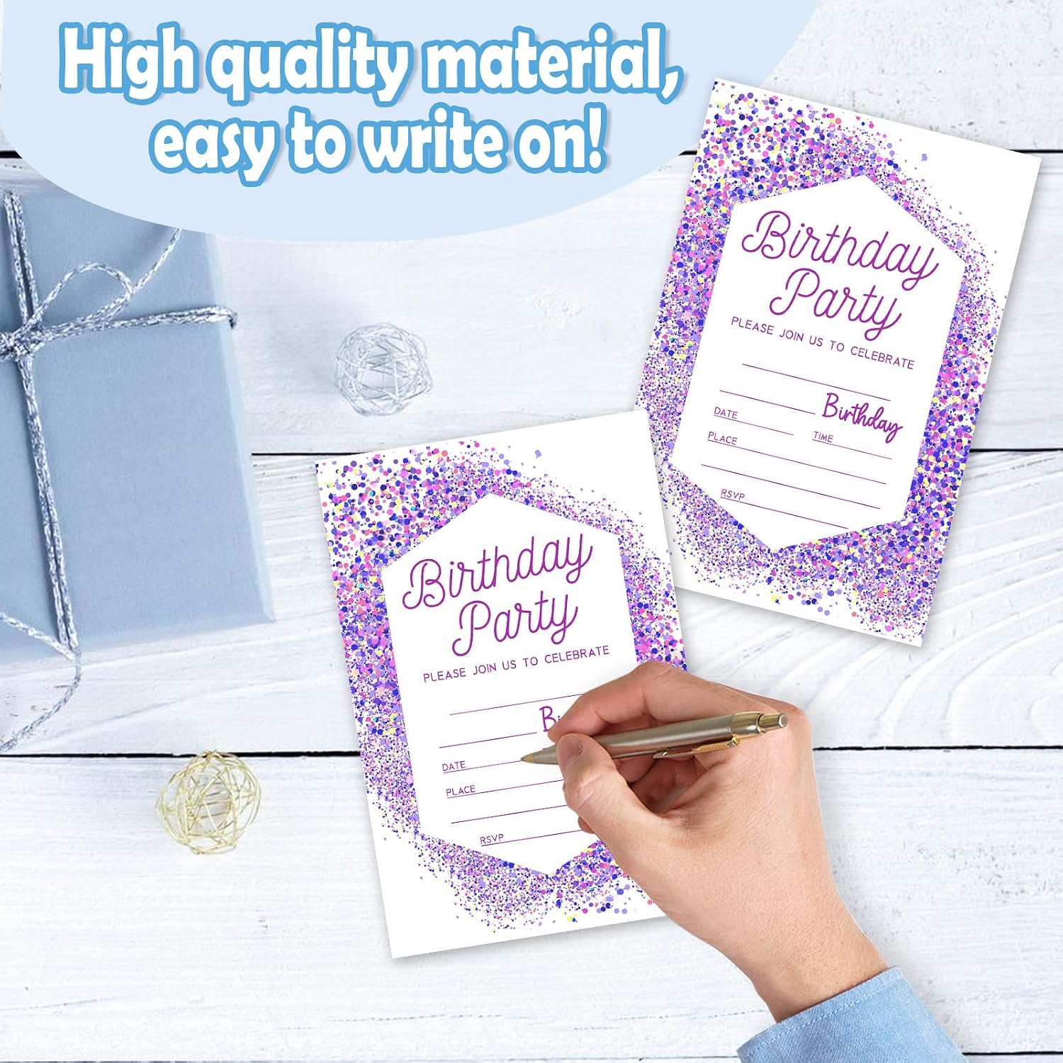 Purple and Glitter Birthday Invitations, 25 Party Invites Cards with Envelopes, Double-Sided Fillable, Birthday Invitations for Teens Adults, Birthday Party Supplies (4 x 6 Inch) -A23