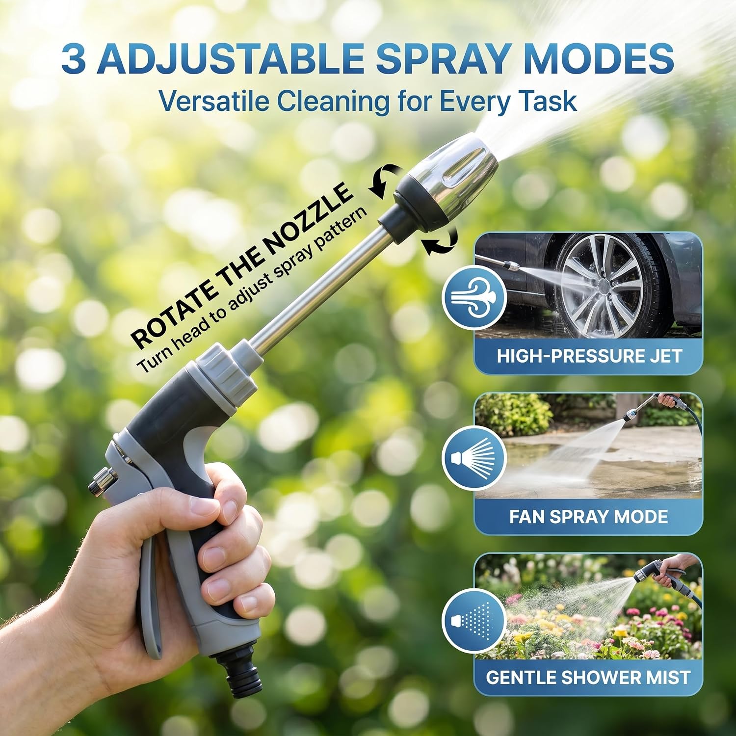 Aquoxis Pressure Washer - 360° Rotating Nozzle, 3 Spray Modes, Stainless Steel Universal Hose Fit, Multi-Function Handheld Sprayer for Lawn, Garden, Car Wash, Patio Cleaning, Tool-Free Installation