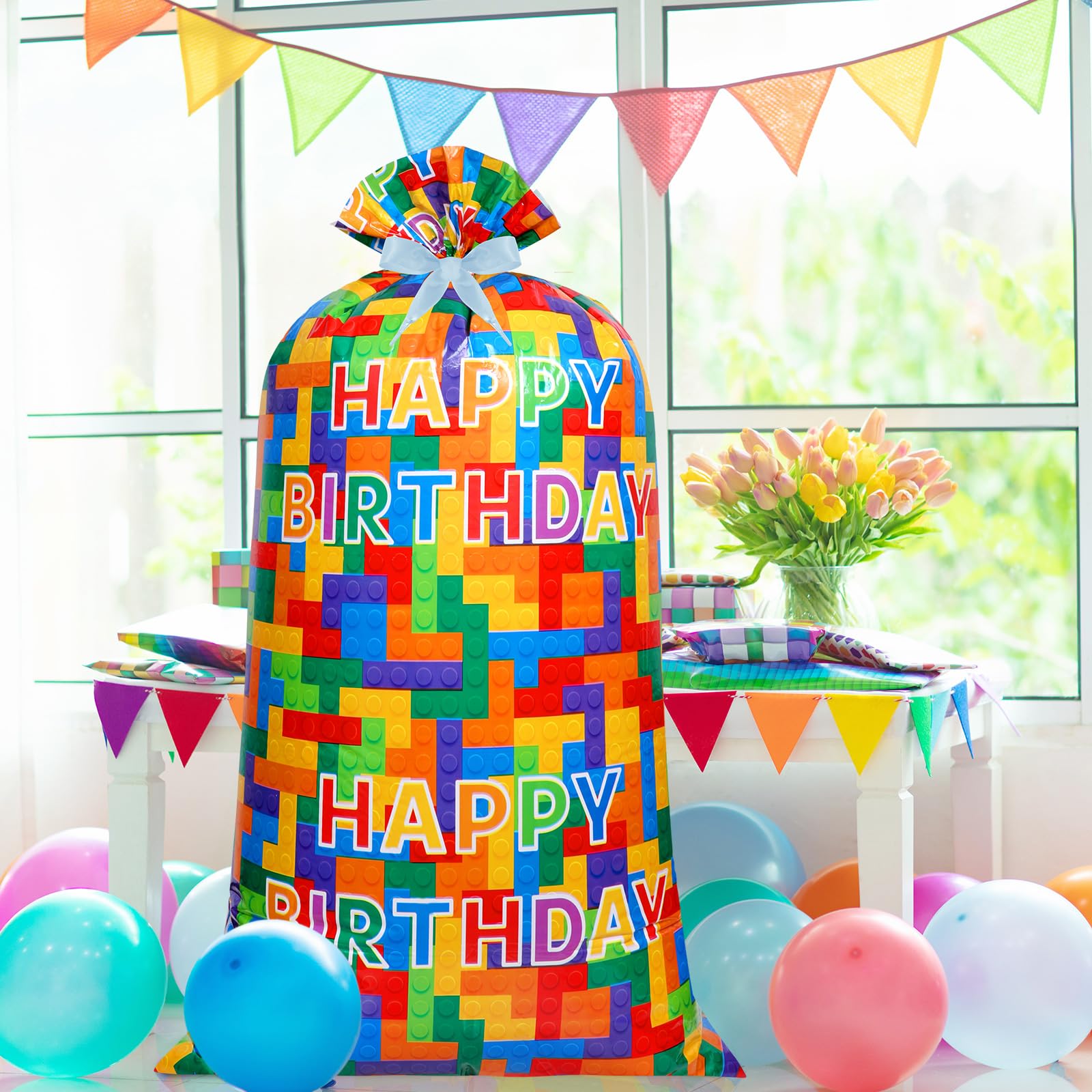 Ctosree 2 Pcs 70" x 40" Extra Large Jumbo Gift Bag Building Block Plastic Giant Gift Bags Oversized Gift Wrapping Bags with 2 Rolls Ribbons for Birthday Party Baby Shower Favor Holiday Supplies
