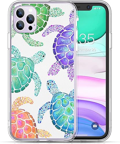 Funda compatible con iPhone 14 Pro, divertida y colorida funda de teléfono con diseño de tortuga, TPU suave, a prueba de golpes, transparente,