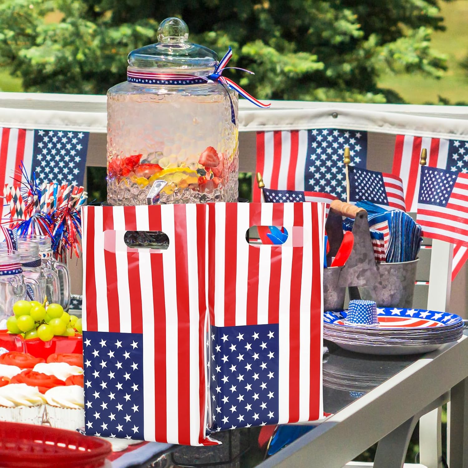 Whaline 50 Pcs 4th of July Party Favor Bags Patriotic Plastic Treat Bags with Handles USA Flag Decorative Goodie Candy Bag for 250th Anniversary Independence Day Birthday Party Gift Wrapping Supplies image 5