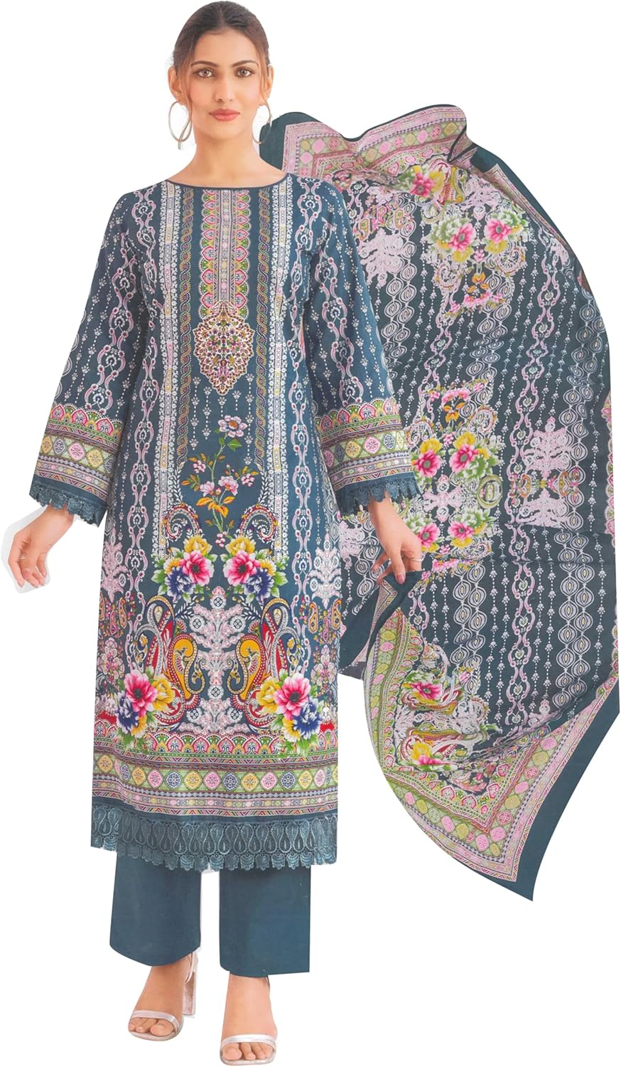 ladyline Womens 100% Cotton Ethnic Printed Salwar Kameez – Kurta with Lace Border Pants & Dupatta Set Indian Pakistani Suit
