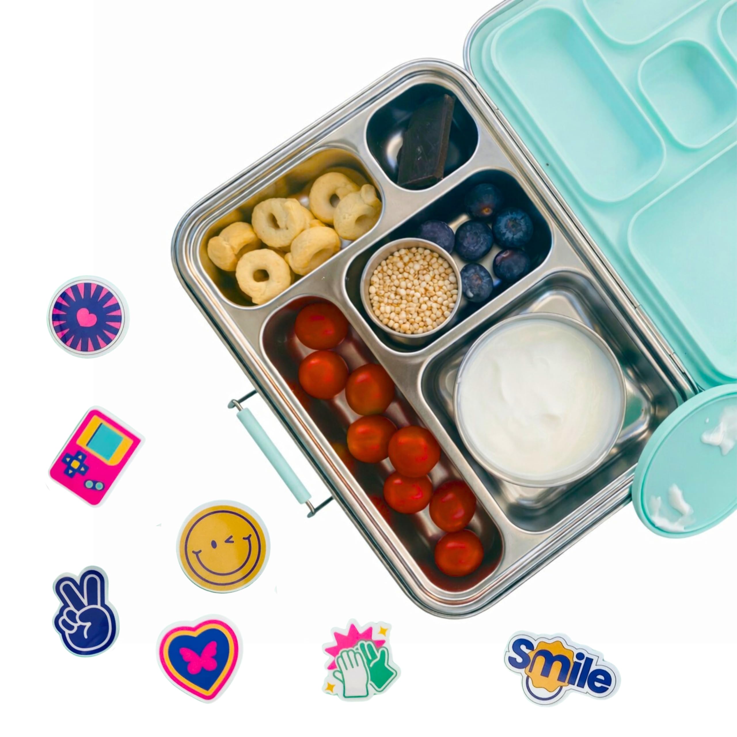 Pack Completo Fiambrera Infantil de Acero Inoxidable Antifugas con 5 Compartimentos + 2 Botes herméticos para poner yogur/hummus + Pegatinas Reutilizables. SIN BPA. CERO PLASTICOS