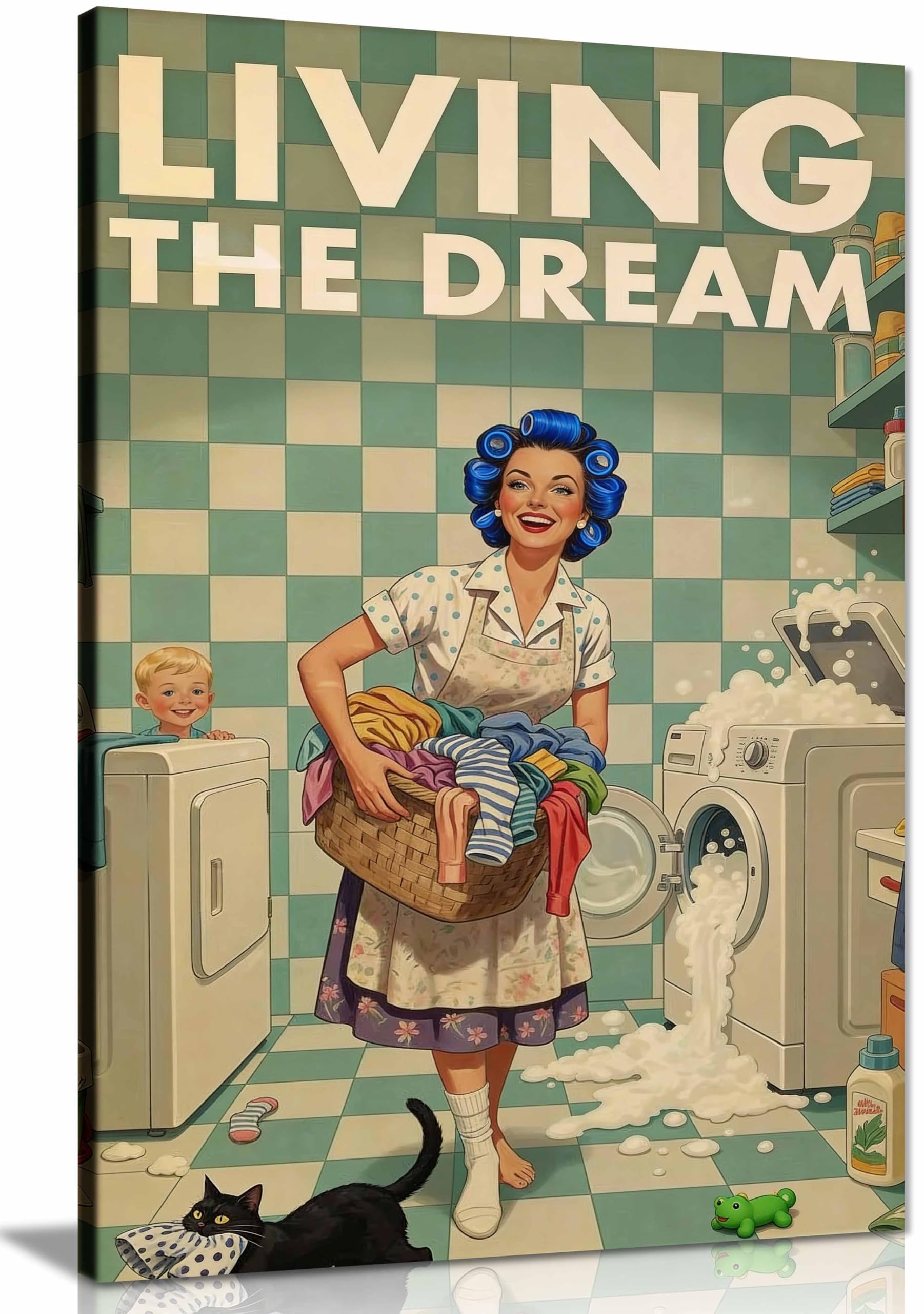 Retro Laundry Print Zabawny plakat z lat 50., humorystyczna sztuka ścienna, Living The Dream, oprawiony druk na płótnie, obrazy na ściany domu, sypialni, salonu i łazienki, dekoracja 91 x 61 cm (36 x