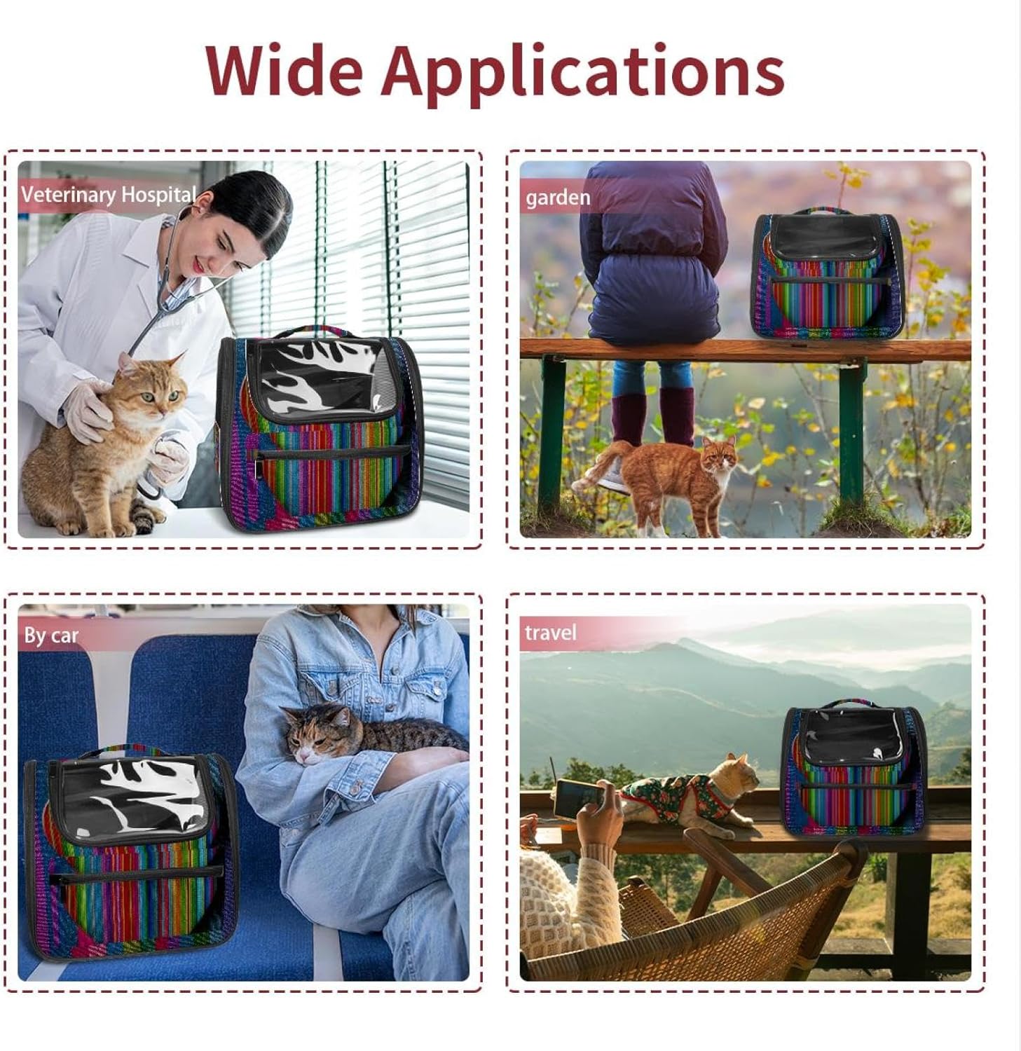 Stripes Love Heart Pink Red Blue Green Pet Carrier Soft Sided Carrier for Small Medium Cats Dogs