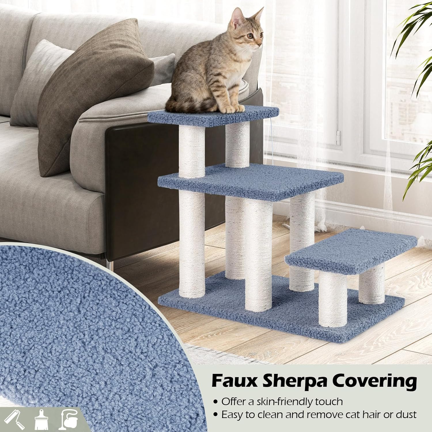 PETSITE 3-Step Cat Stairs for High Beds and Couch, Solid Cat Steps with Sisal Scratching Posts, Hanging Toy Ball and Large Perches