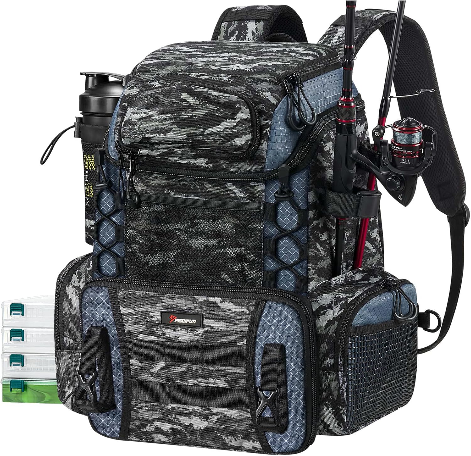 Piscifun Fishing Tackle Backpack with Rod Holders & 4 Tackle Boxes, 42L Outdoor Fishing Bag with Waterproof Rain Cover