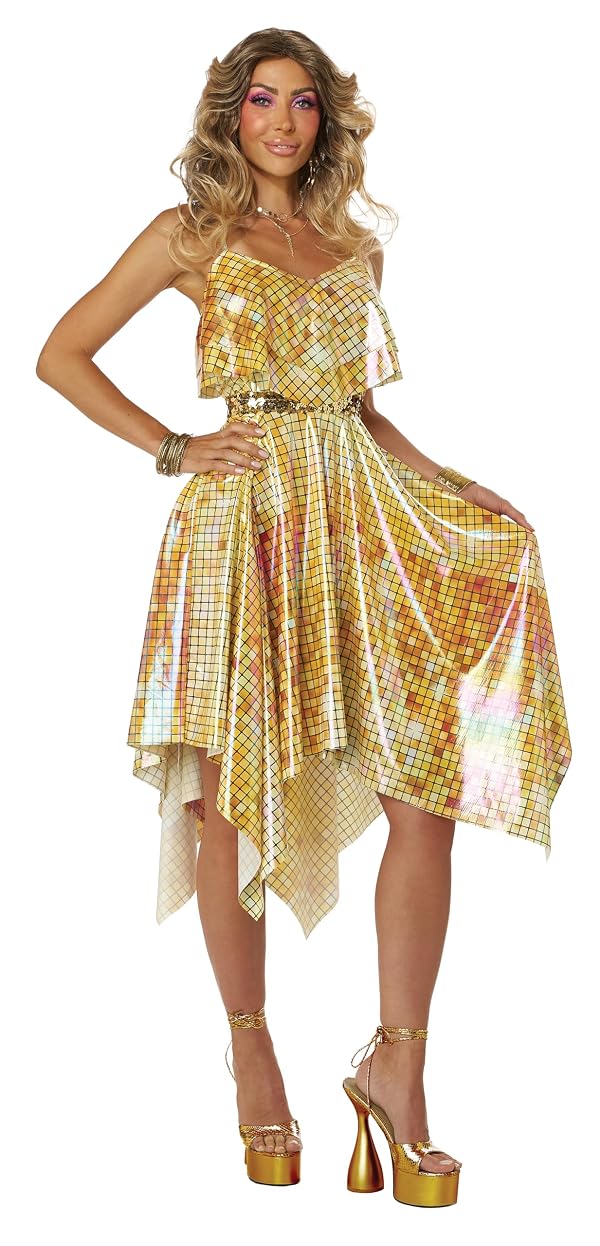 Calico, 70's Disco Costume Dress - Gold Mirrorball, Women's Large by California Costumes - Used condition - US$29.94