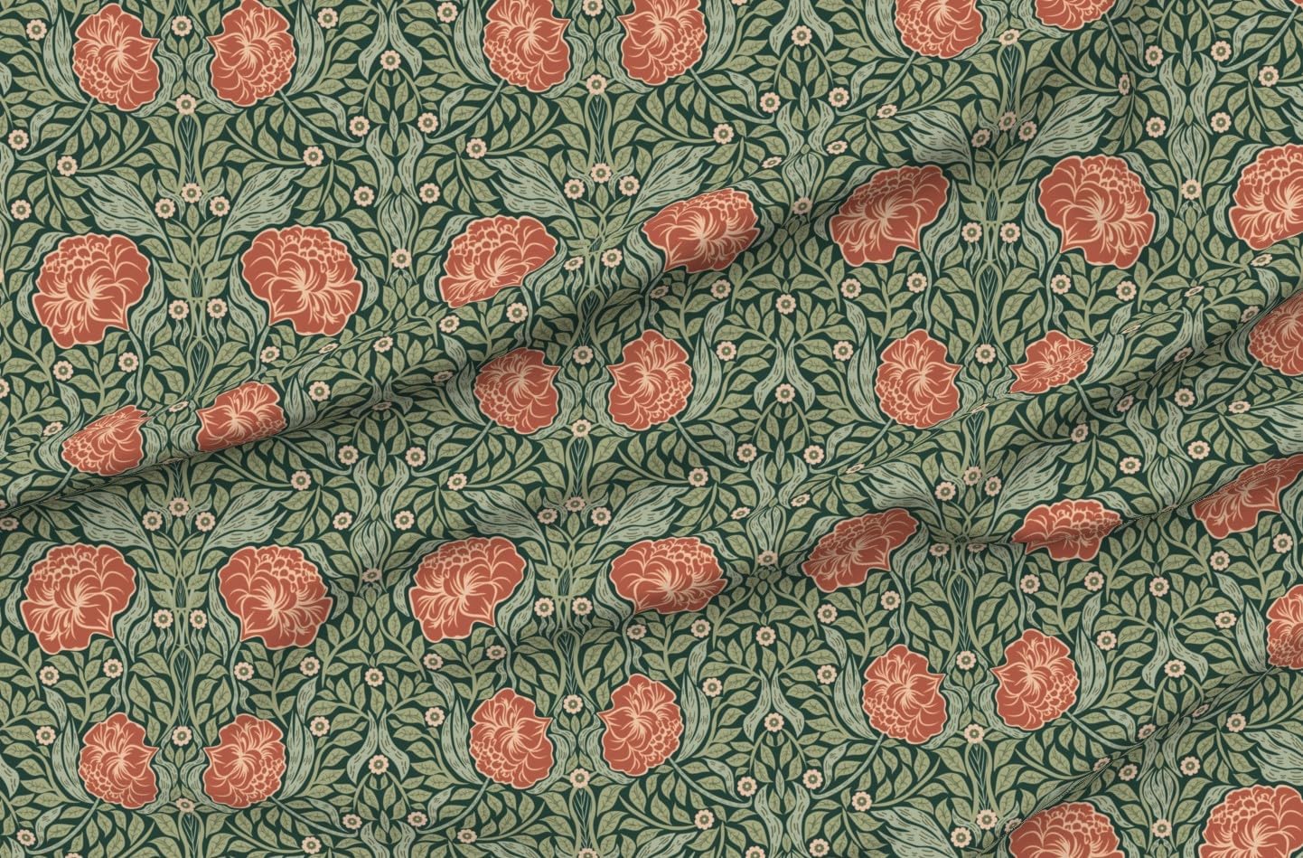 Spoonflower Fabric - Art Nouveau William Morris Antique Coral Green Cottage Arts and Crafts Printed on Organic Cotton Sateen Fabric by The Yard - Sewing Quilting Apparel Home Decor