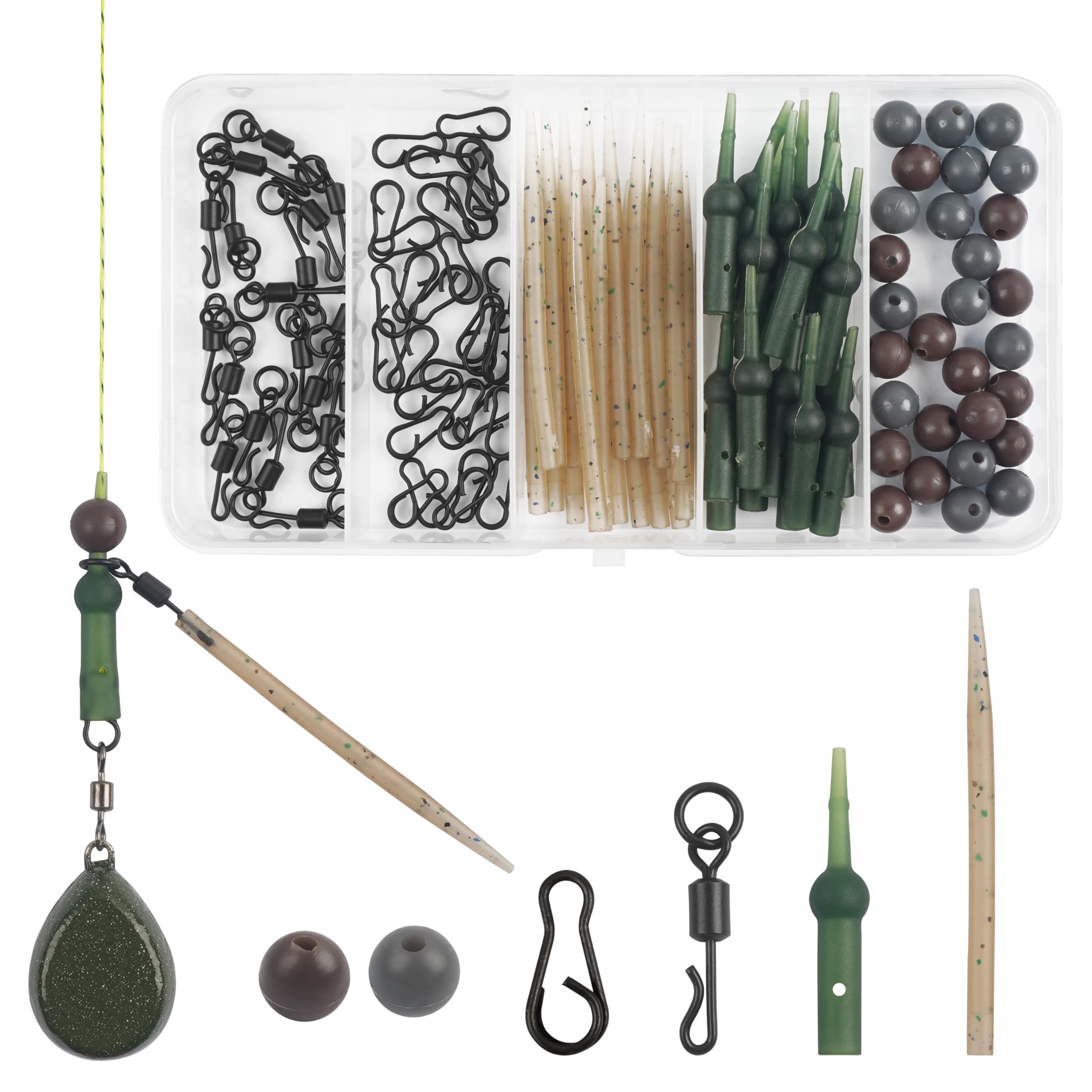 JOGFFDE 120pcs Carp Fishing Helicopter Rig Accessories Kit Carp Coarse Fishing Helicopter Sleeves Anti Tangle Sleeve Quick Change Swivels Clips Beads Terminal Tackle