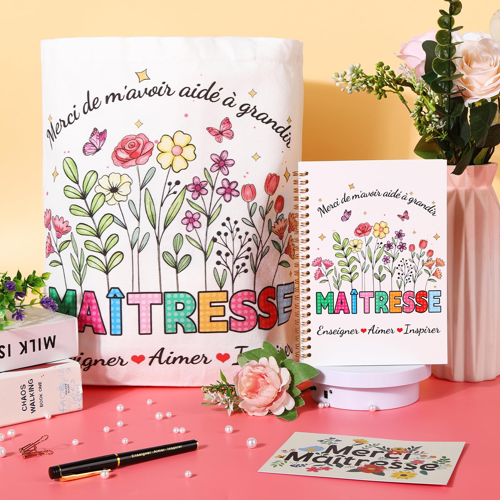 Echehi Cadeau Maitresse d'École Fin d'Année, Avec Tote Bag, Carnet A5, Stylo