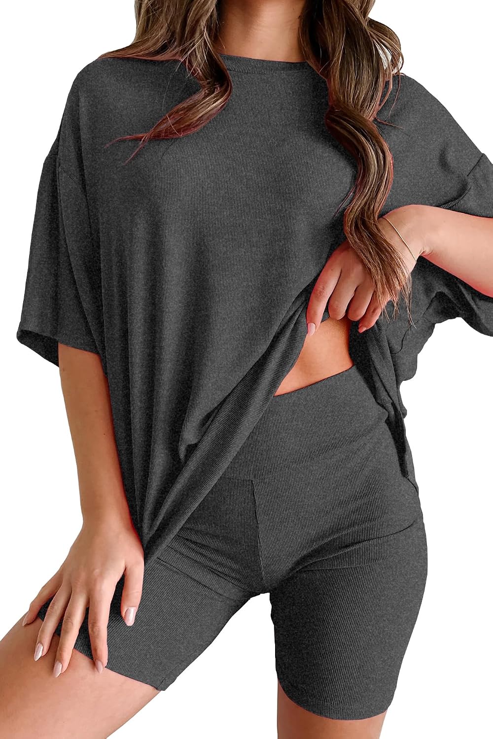 Womens 2 Piece Lounge Set 2026 Summer Travel Outfit Casual Short Sleeve Oversized Tshirts & Biker Shorts