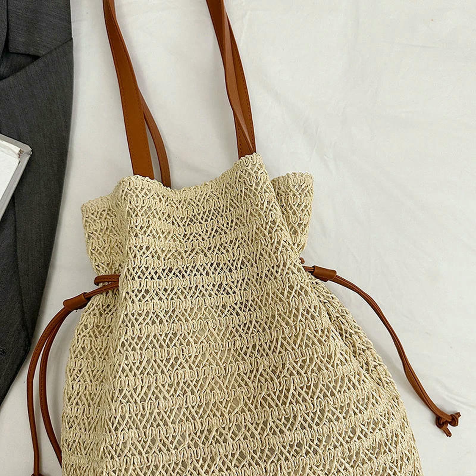 Strohtaschen Damen Shopper Handgewebtes Großer Kapazität Strand Gewebter Korbbeutel Stroh Strickbeutel Gewebt-Khaki