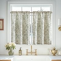Vista 9 de Vangao Cortinas de cocina de granja con estampado floral, 24 pulgadas de largo, cortinas cortas de lino con bolsillo para barra, 2 paneles, verde