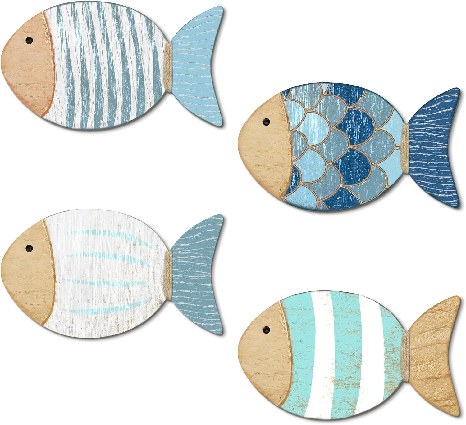 Putuo Decor 4 Pcs Wood Fish Wall Art, Nautical Beach Decor, Wooden Fish Hanging Sculptures, Blue (5.5 In)
