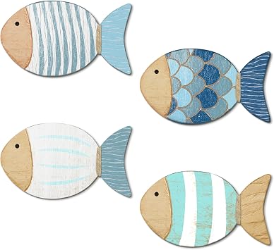 Putuo Decor 4 Pcs Wood Fish Wall Art, Nautical Beach Decor, Wooden Fish Hanging Sculptures, Blue 5.5 In
