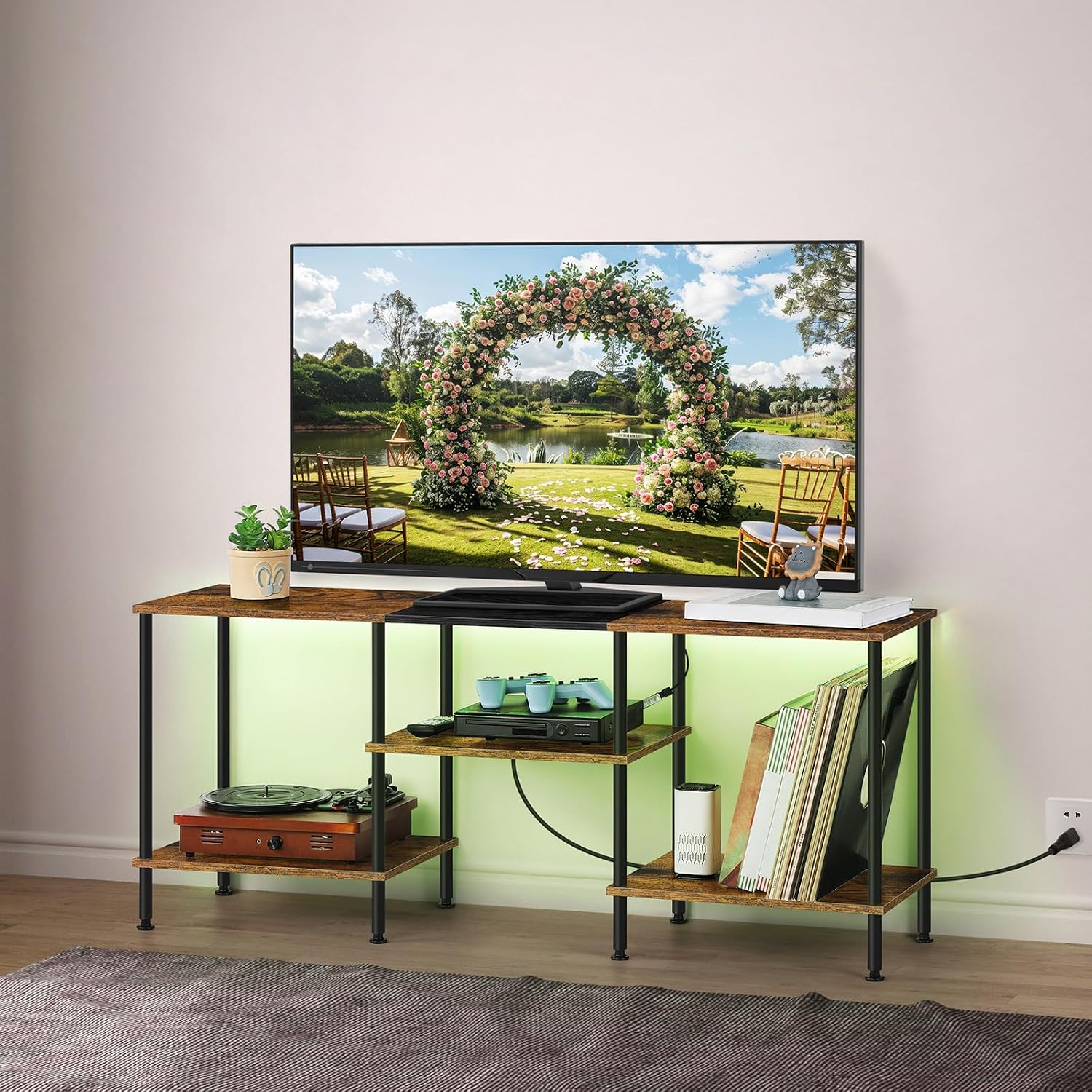BTY LED TV Stand with Storage for 50 Inch TV Small LED Entertainment Center with Charging Station Wooden TV Console Table for Living Room, Bedroom, Rustic Brown