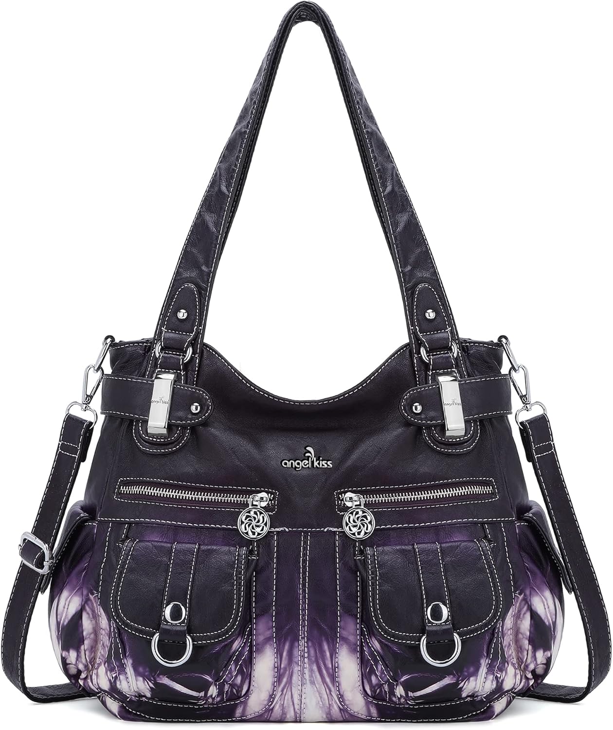angel kiss women's designer handbag large double zipper multi pocket washed leather purse 2-tie-dyed purple
