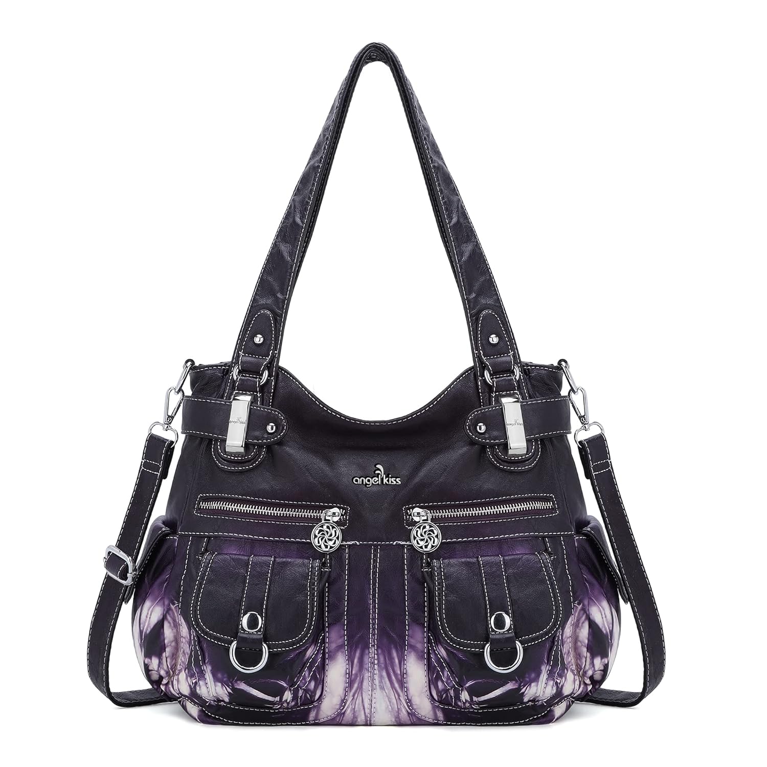 Angel Kiss Womens Designer Handbag Large Double Zipper Multi Pocket Washed Leather Purse