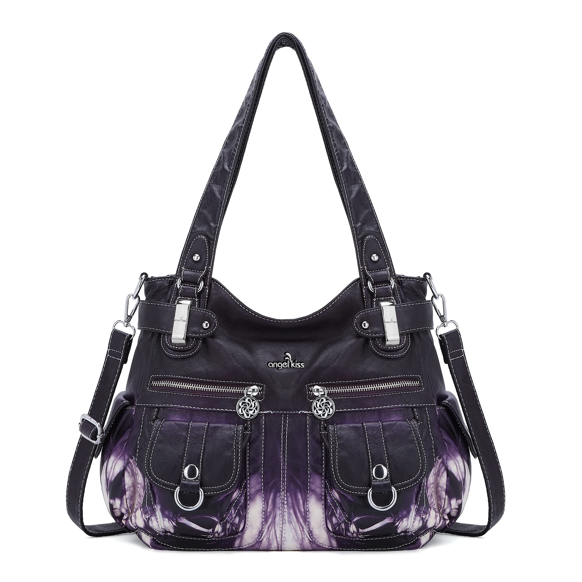 Angel Kiss Womens Designer Handbag Large Double Zipper Multi Pocket Washed Leather Purse