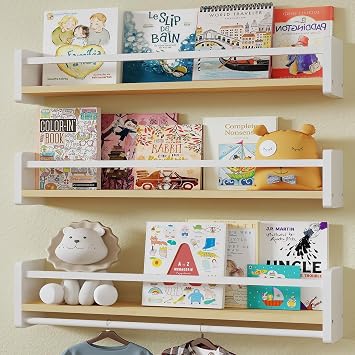 MXCSE Childrens Room Floating Bookshelf Wall Mounted Kids Bookshelf with Toy Storage, Pine Wood Nursery Shelves for Playroom, Bedroom, Toddler Room, Set of 3 White & Wood, 16 inch