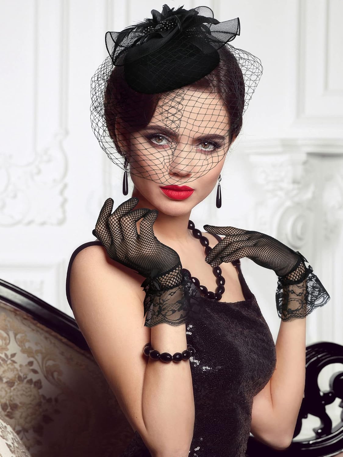 JenPen 4 Pcs Tea Party Hat for Women Black Funeral Veils Headband Fascinators Gloves 20s 50s Costume Accessories for Wedding - Image 4